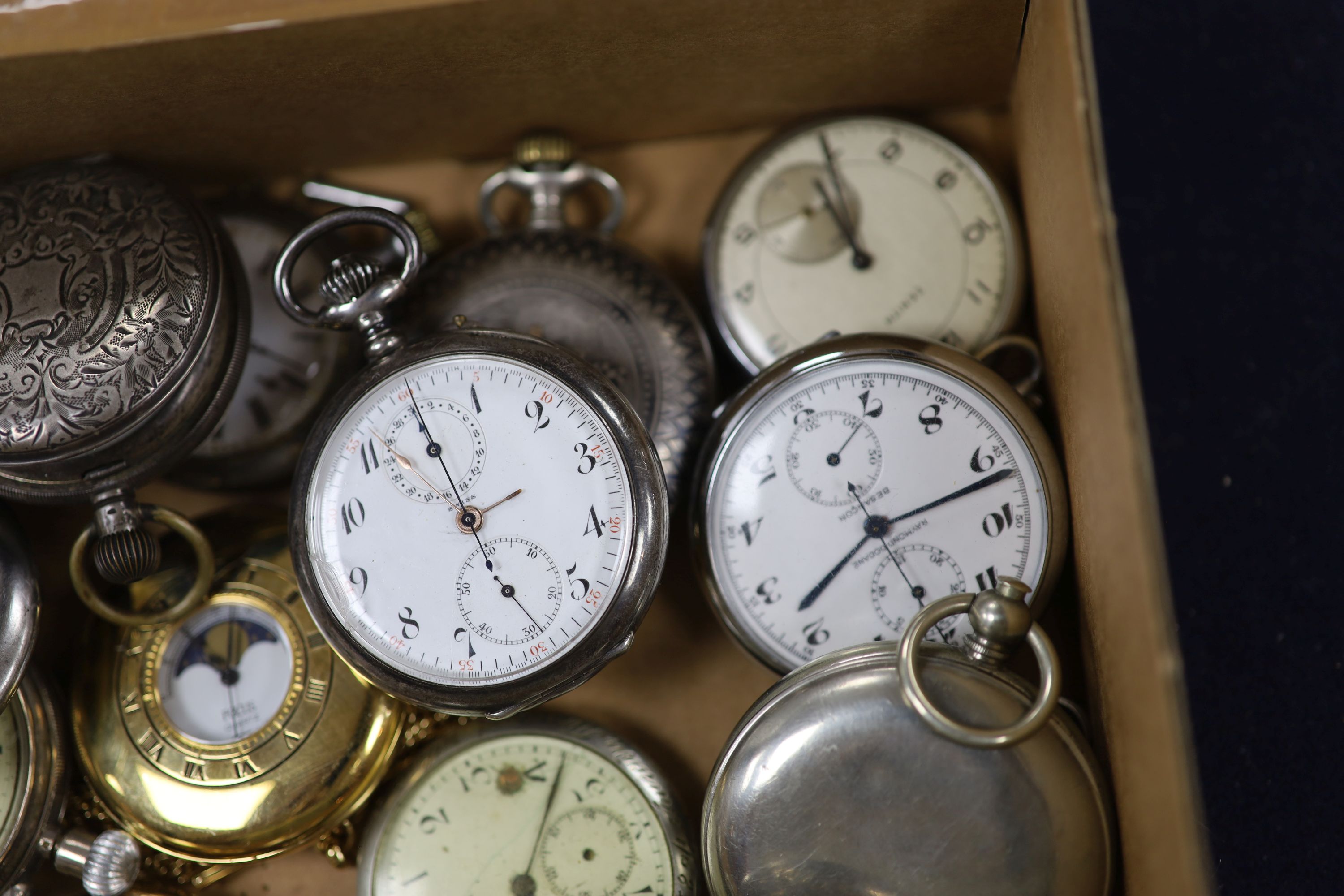 A small collection of assorted mainly based metal pocket watches including Cyma, Zenith and choreograph